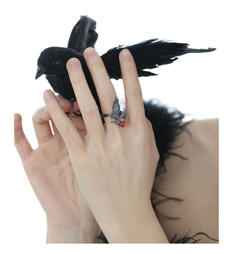 Red Glass Crow Ring – Gothic Crystal Raven Adjustable Ring