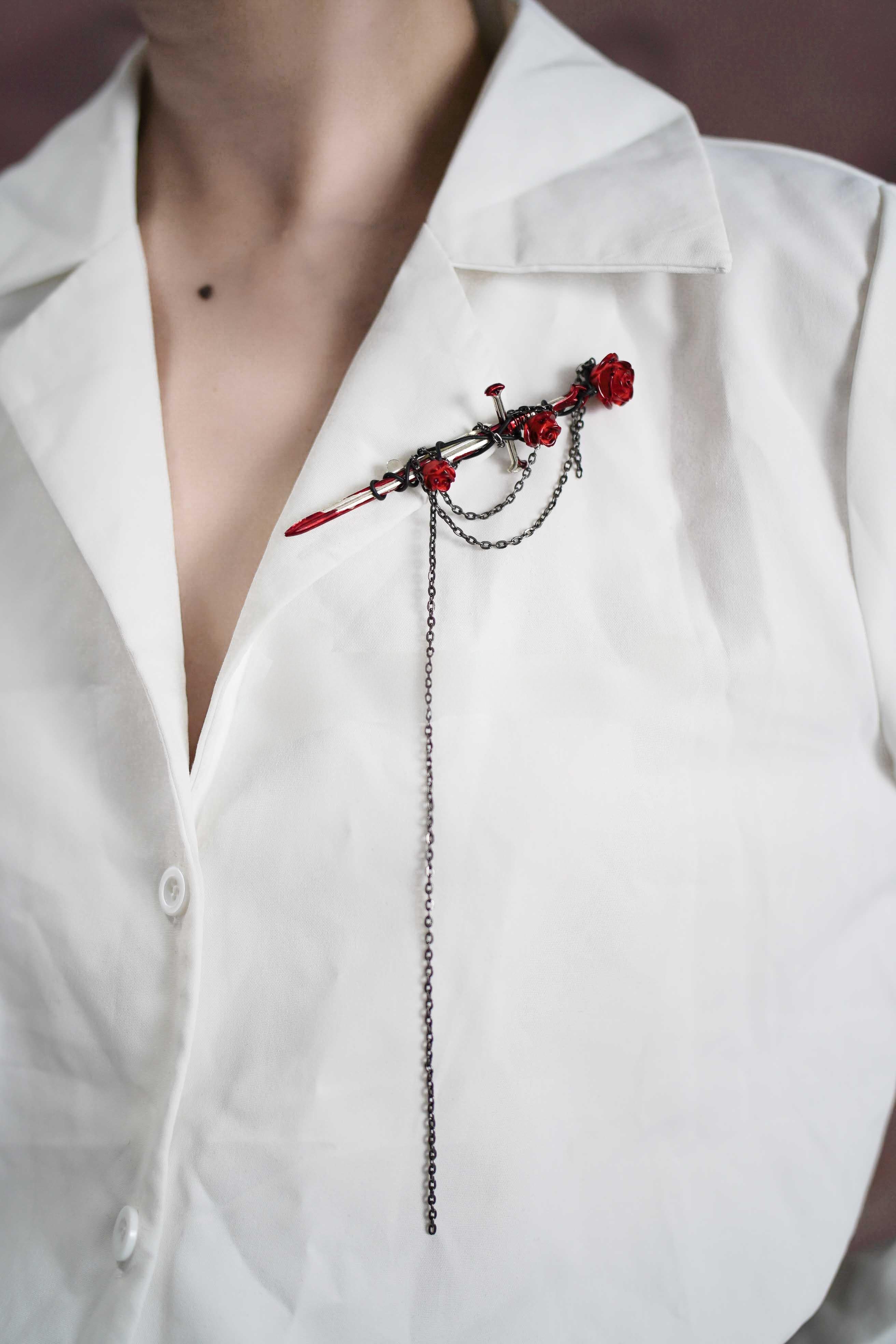 Thorn Rose Cross Sword Brooch