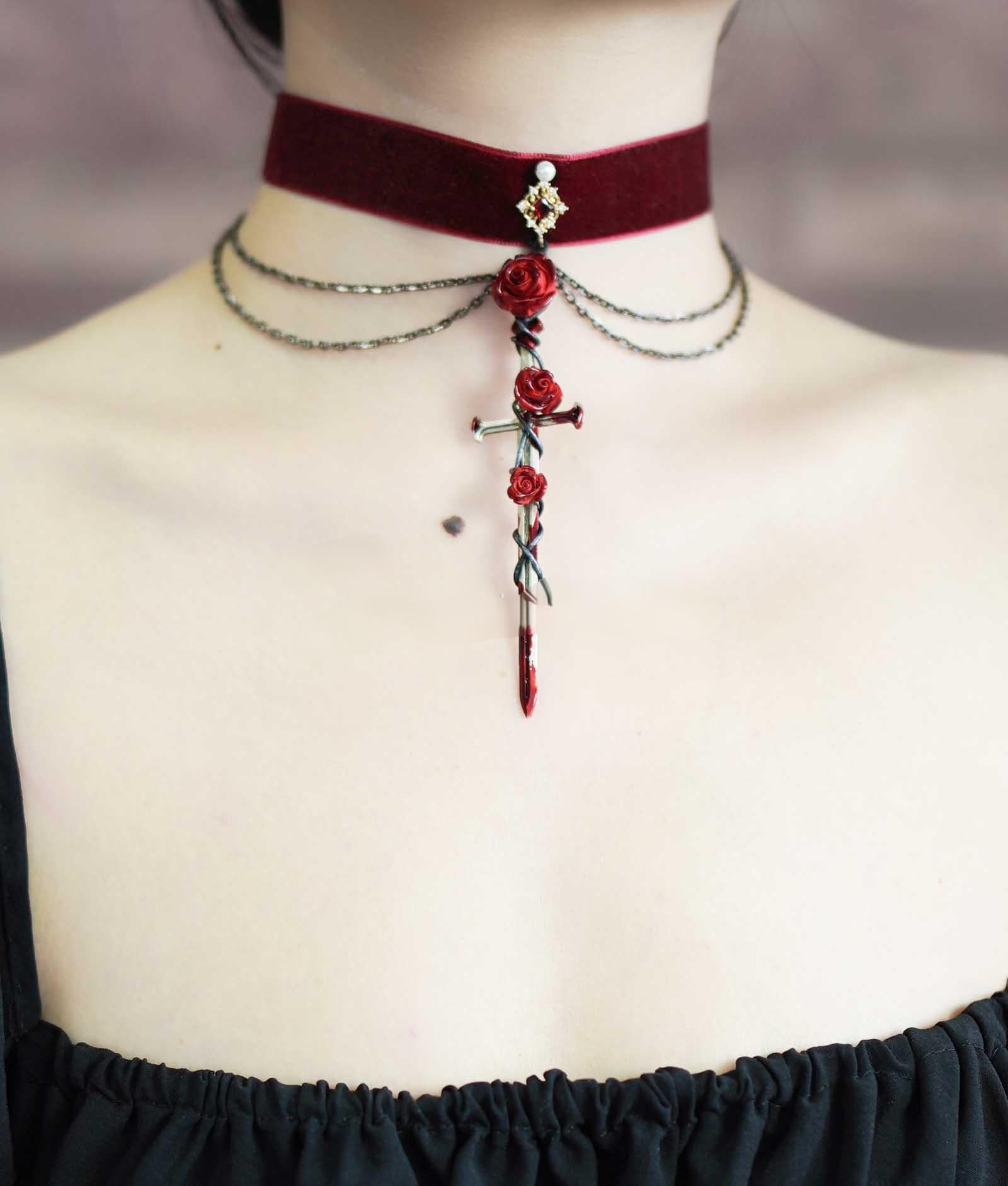 Thorn Rose Bleeding Cross Sword Lace Necklace