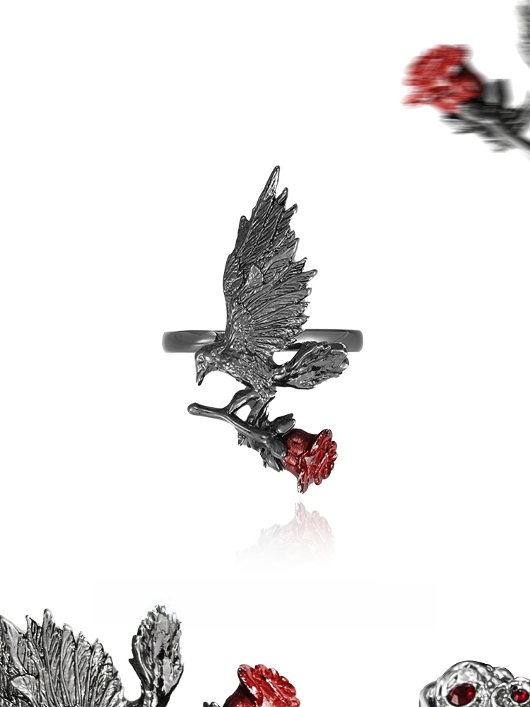 Red Glass Crow Ring – Gothic Crystal Raven Adjustable Ring