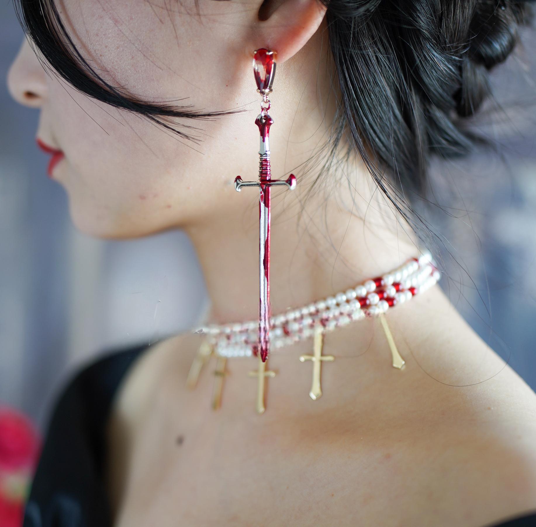 Gothic Bleeding Cross Sword S925 Sterling Silver Earrings