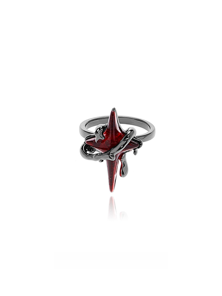 Forbidden Four‑Pointed Star Ring – Red Gothic Open Band