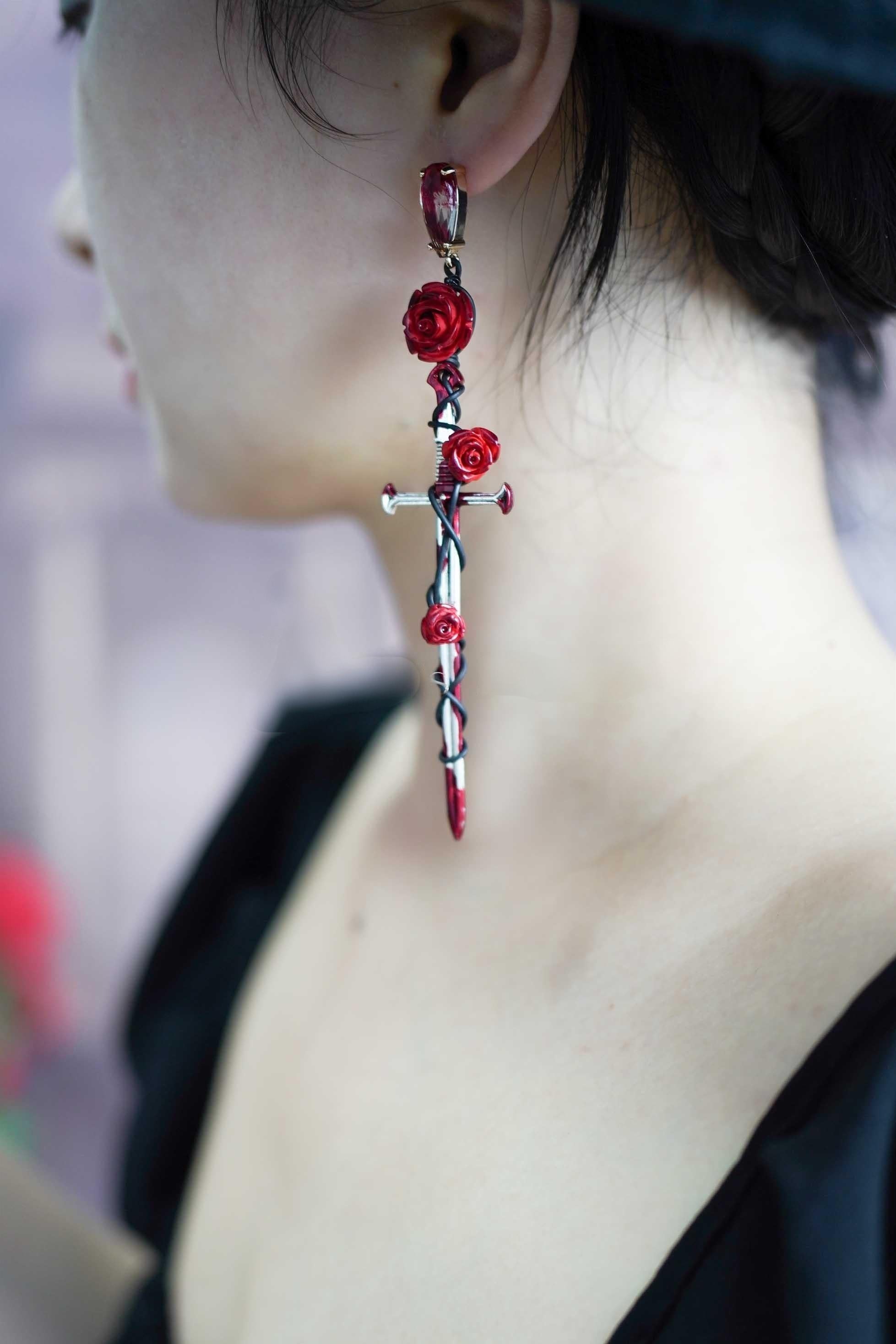 Thorn Rose Bleeding Cross Sword Sterling Silver Earrings